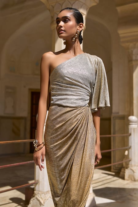 Buy_Dash And Dot_Gold Polyester One Shoulder Single Sleeve Foil Blocked Dress _Online_at_Aza_Fashions