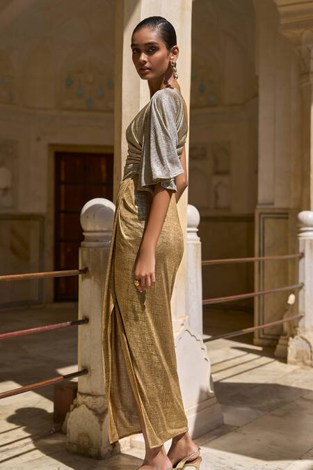 Shop_Dash And Dot_Gold Polyester One Shoulder Single Sleeve Foil Blocked Dress _Online_at_Aza_Fashions