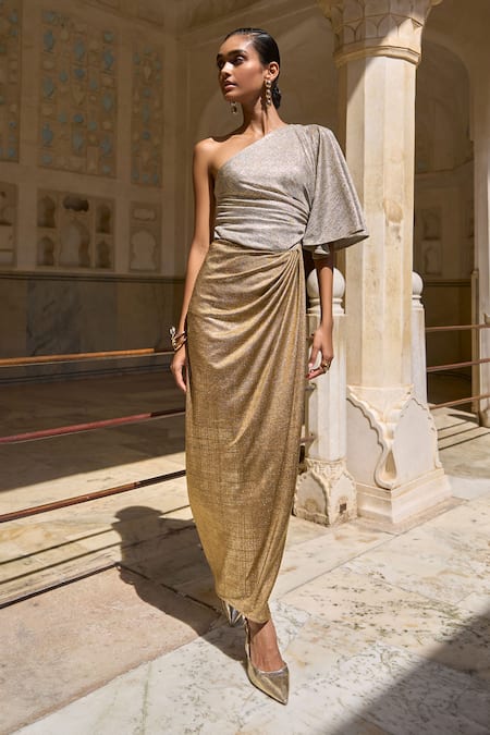Dash And Dot_Gold Polyester One Shoulder Single Sleeve Foil Blocked Dress _at_Aza_Fashions