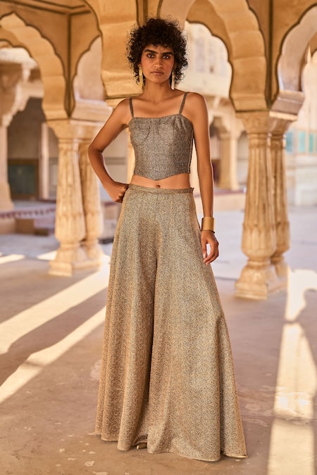Shop_Dash And Dot_Gold 100% Polyester Plain Woven Metallic Wide Legged Pant _at_Aza_Fashions