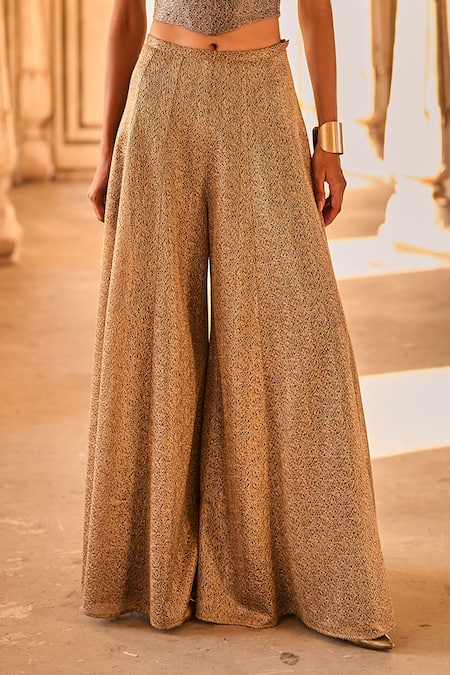 Dash And Dot_Gold 100% Polyester Plain Woven Metallic Wide Legged Pant _Online_at_Aza_Fashions
