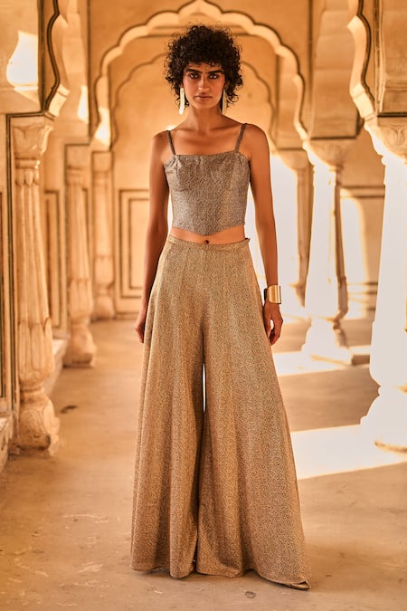 Buy_Dash And Dot_Gold 100% Polyester Plain Woven Metallic Wide Legged Pant _Online_at_Aza_Fashions