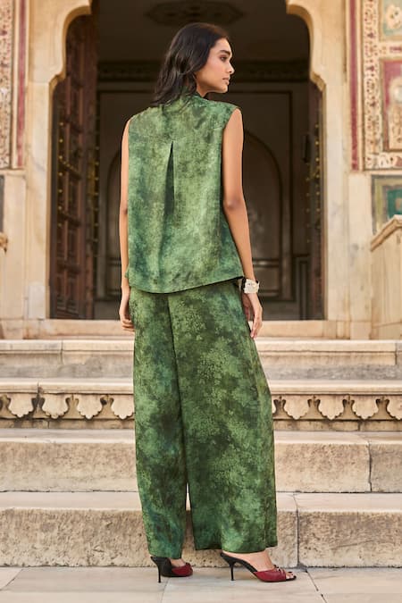 Shop_Dash And Dot_Green 80% Linen Print Watercolour Mandarin Sleeveless Jacquard Top _at_Aza_Fashions