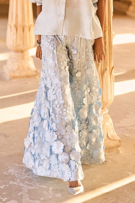 Dash And Dot_Blue Polyester, Nylon Embroidery 3d Floral Lace Pant _Online_at_Aza_Fashions