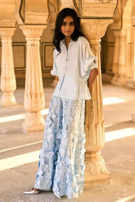 Buy_Dash And Dot_Blue Polyester, Nylon Embroidery 3d Floral Lace Pant _Online_at_Aza_Fashions