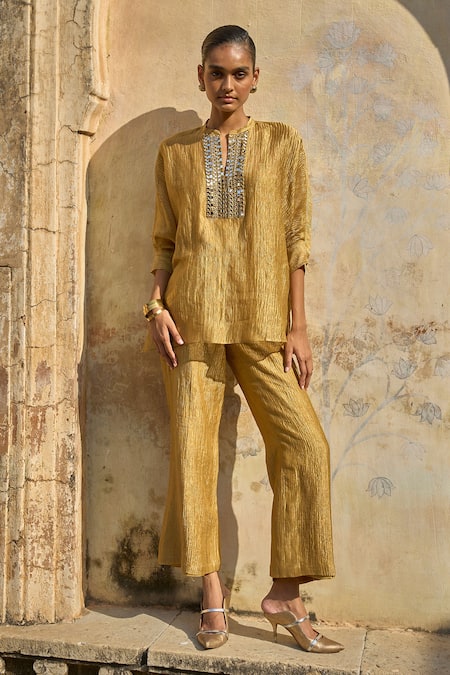 Dash And Dot_Gold Silk, Cotton, Lurex Mirrors Button-down Neck Placket Embroidered Top _Online_at_Aza_Fashions