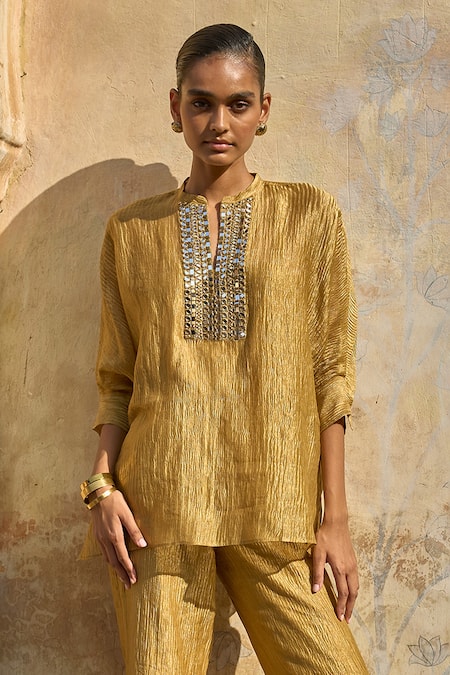 Buy_Dash And Dot_Gold Silk, Cotton, Lurex Mirrors Button-down Neck Placket Embroidered Top _Online_at_Aza_Fashions