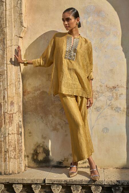 Shop_Dash And Dot_Gold Silk, Cotton, Lurex Mirrors Button-down Neck Placket Embroidered Top _Online_at_Aza_Fashions