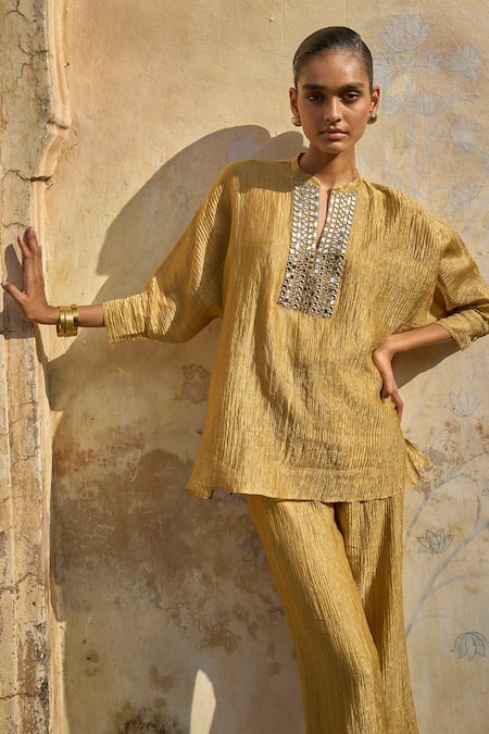 Dash And Dot_Gold Silk, Cotton, Lurex Mirrors Button-down Neck Placket Embroidered Top _at_Aza_Fashions