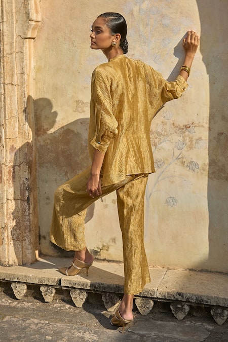 Buy_Dash And Dot_Gold Silk, Cotton, Lurex Mirrors Button-down Neck Placket Embroidered Top 