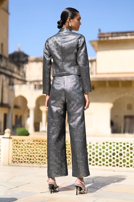 Shop Dash And Dot Silver Polyester Bandeau Neck Metallic Wave Woven Shirt And Pant Set at Aza Fashions Shop_Dash And Dot_Silver Polyester Bandeau Neck Metallic Wave Woven Shirt And Pant Set _at_Aza_Fashions