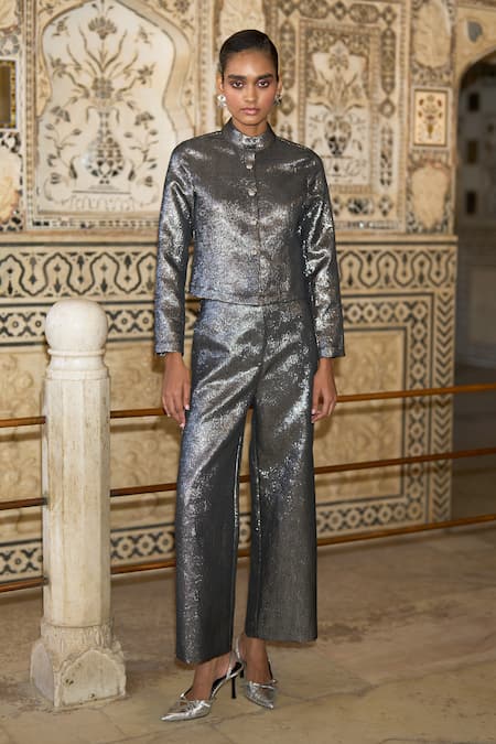 Dash And Dot Silver Polyester Bandeau Neck Metallic Wave Woven Shirt And Pant Set Online at Aza Fashions Dash And Dot_Silver Polyester Bandeau Neck Metallic Wave Woven Shirt And Pant Set _Online_at_Aza_Fashions