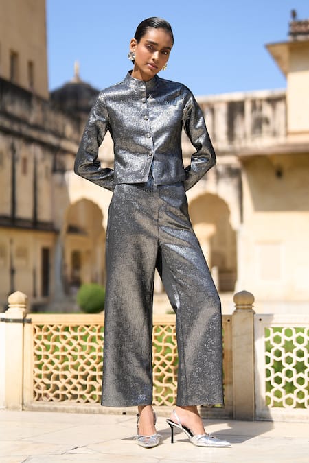 Buy Dash And Dot Silver Polyester Bandeau Neck Metallic Wave Woven Shirt And Pant Set Online at Aza Fashions Buy_Dash And Dot_Silver Polyester Bandeau Neck Metallic Wave Woven Shirt And Pant Set _Online_at_Aza_Fashions