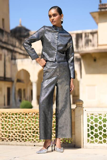 Shop Dash And Dot Silver Polyester Bandeau Neck Metallic Wave Woven Shirt And Pant Set Online at Aza Fashions Shop_Dash And Dot_Silver Polyester Bandeau Neck Metallic Wave Woven Shirt And Pant Set _Online_at_Aza_Fashions
