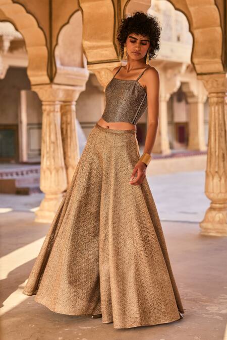 Dash And Dot_Silver Polyester Square Neck Metallic Woven Corset Top And Flared Pant Set _Online_at_Aza_Fashions