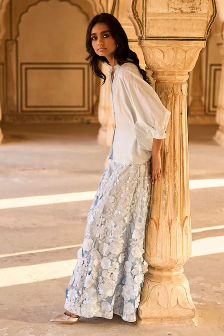 Dash And Dot Draped Shirt & 3D Floral Embellished Pant Set 