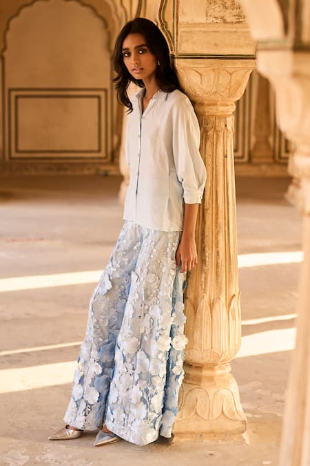 Dash And Dot_Blue Polyester, Nylon Embroidery Draped Shirt And 3d Floral Embellished Pant Set _Online_at_Aza_Fashions