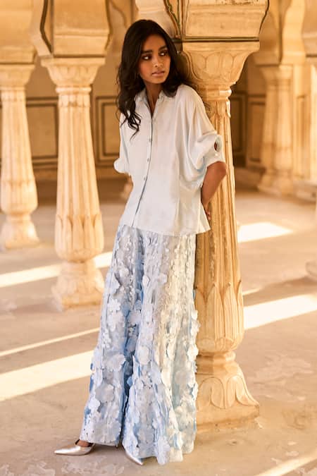 Buy_Dash And Dot_Blue Polyester, Nylon Embroidery Draped Shirt And 3d Floral Embellished Pant Set _Online_at_Aza_Fashions