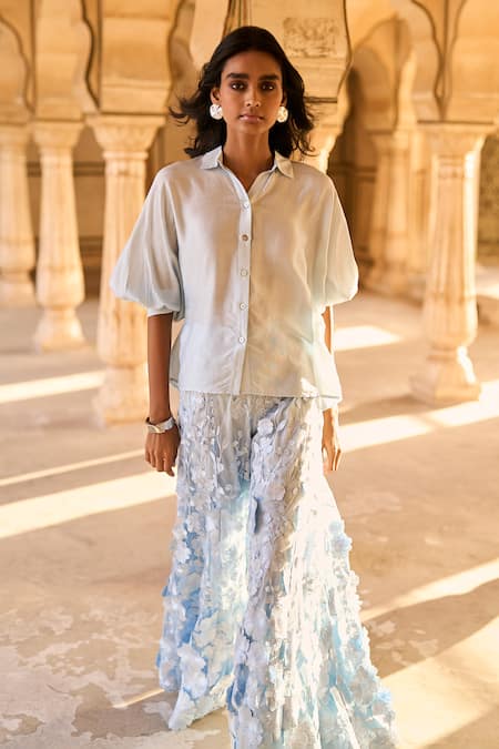 Shop_Dash And Dot_Blue Polyester, Nylon Embroidery Draped Shirt And 3d Floral Embellished Pant Set _Online_at_Aza_Fashions