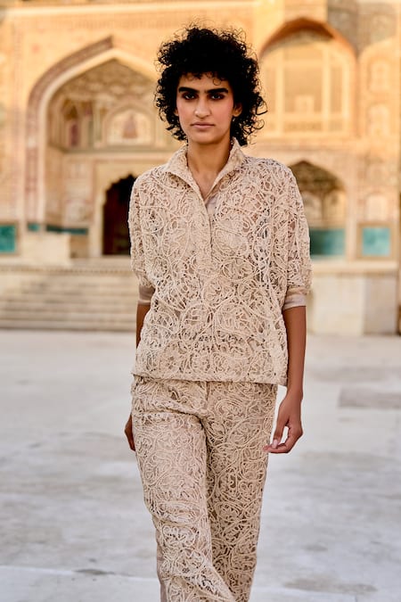 Dash And Dot_Beige Polyester Embroidery Collared Lace Top And Pant Set _Online_at_Aza_Fashions