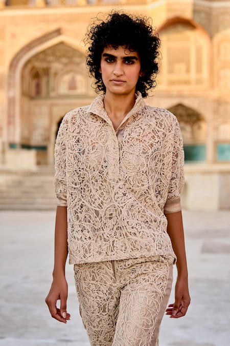 Buy_Dash And Dot_Beige Polyester Embroidery Collared Lace Top And Pant Set _Online_at_Aza_Fashions