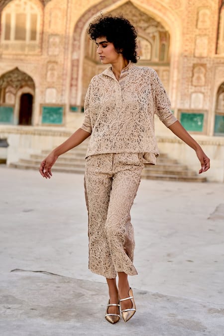 Shop_Dash And Dot_Beige Polyester Embroidery Collared Lace Top And Pant Set _Online_at_Aza_Fashions