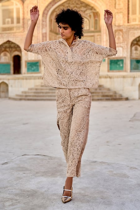 Dash And Dot_Beige Polyester Embroidery Collared Lace Top And Pant Set _at_Aza_Fashions