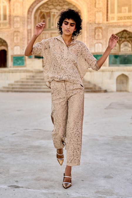 Buy_Dash And Dot_Beige Polyester Embroidery Collared Lace Top And Pant Set 