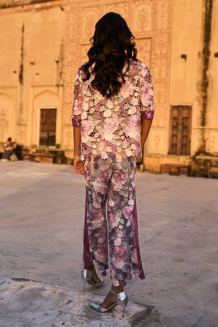 Shop Dash And Dot Multi Color Polyester Lace Collared Floral Embellished Top And Pant Set Online at Aza Fashions Shop_Dash And Dot_Multi Color Polyester Lace Collared Floral Embellished Top And Pant Set _Online_at_Aza_Fashions