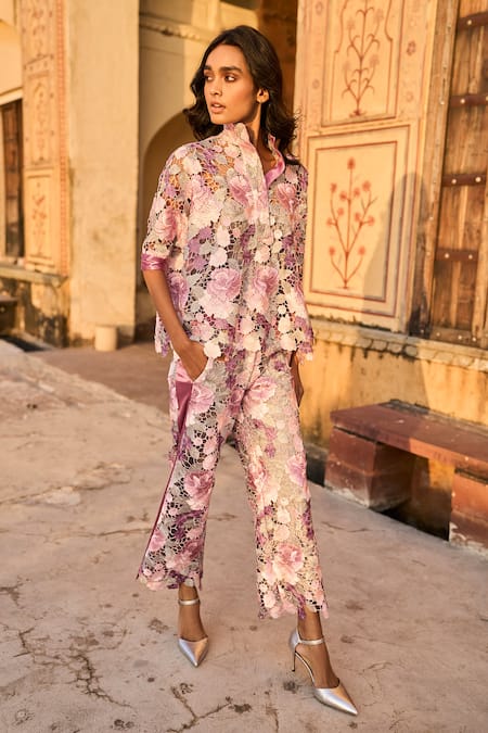 Dash And Dot Multi Color Polyester Lace Collared Floral Embellished Top And Pant Set at Aza Fashions Dash And Dot_Multi Color Polyester Lace Collared Floral Embellished Top And Pant Set _at_Aza_Fashions
