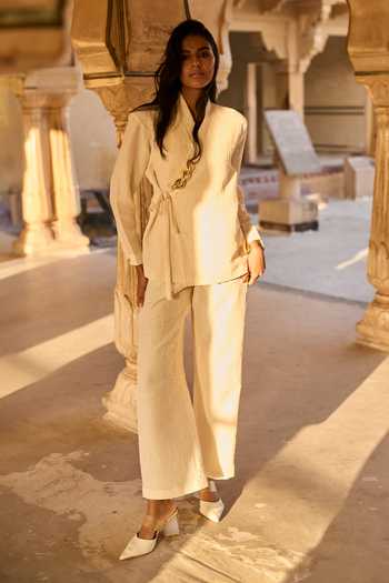 Dash And Dot_Ivory Polyester Chains Shawl Neck Textured Tie-up Top And Pant Set_Online_at_Aza_Fashions