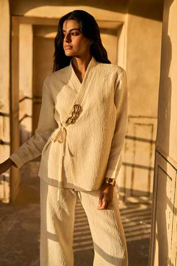 Buy_Dash And Dot_Ivory Polyester Chains Shawl Neck Textured Tie-up Top And Pant Set_Online_at_Aza_Fashions