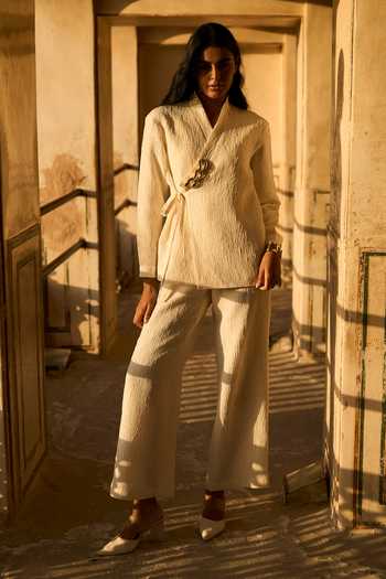 Shop_Dash And Dot_Ivory Polyester Chains Shawl Neck Textured Tie-up Top And Pant Set_Online_at_Aza_Fashions