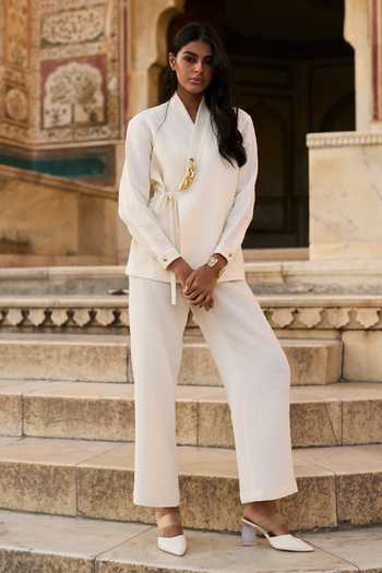 Buy_Dash And Dot_Ivory Polyester Chains Shawl Neck Textured Tie-up Top And Pant Set