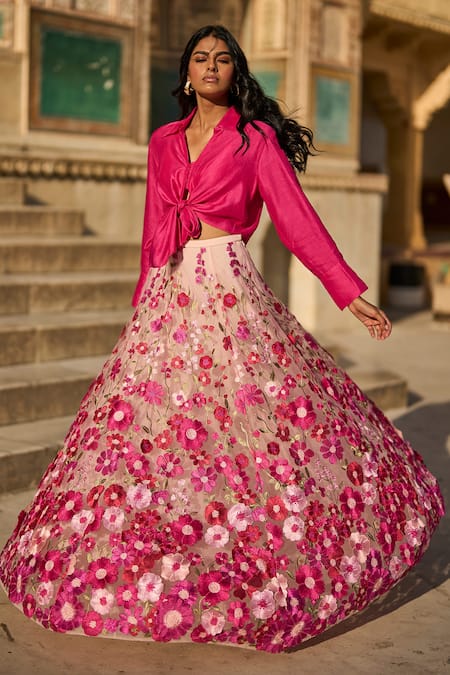 Shop Dash And Dot Pink Polyester Embroidery Cropped Shirt And 3d Floral Lace Embellished Skirt Set at Aza Fashions Shop_Dash And Dot_Pink Polyester Embroidery Cropped Shirt And 3d Floral Lace Embellished Skirt Set _at_Aza_Fashions