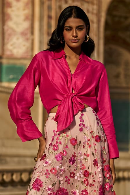 Dash And Dot Pink Polyester Embroidery Cropped Shirt And 3d Floral Lace Embellished Skirt Set Online at Aza Fashions Dash And Dot_Pink Polyester Embroidery Cropped Shirt And 3d Floral Lace Embellished Skirt Set _Online_at_Aza_Fashions