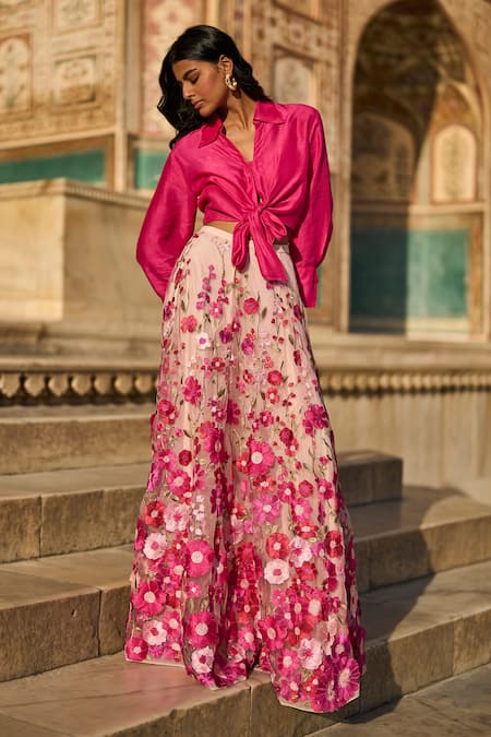 Buy Dash And Dot Pink Polyester Embroidery Cropped Shirt And 3d Floral Lace Embellished Skirt Set Online at Aza Fashions Buy_Dash And Dot_Pink Polyester Embroidery Cropped Shirt And 3d Floral Lace Embellished Skirt Set _Online_at_Aza_Fashions