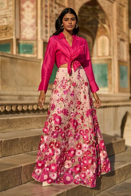Shop Dash And Dot Pink Polyester Embroidery Cropped Shirt And 3d Floral Lace Embellished Skirt Set Online at Aza Fashions Shop_Dash And Dot_Pink Polyester Embroidery Cropped Shirt And 3d Floral Lace Embellished Skirt Set _Online_at_Aza_Fashions