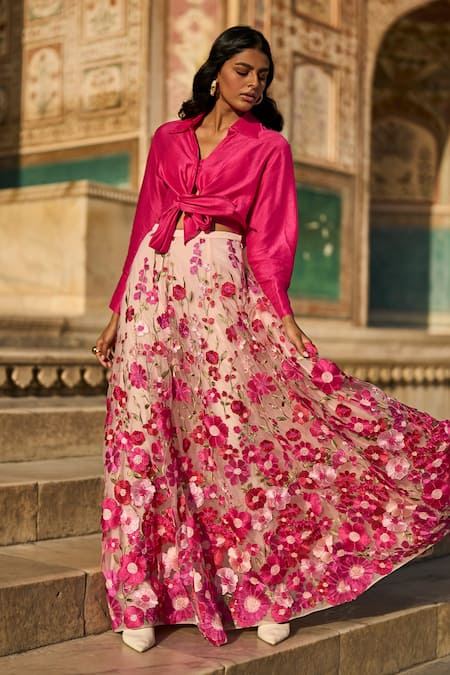 Dash And Dot Pink Polyester Embroidery Cropped Shirt And 3d Floral Lace Embellished Skirt Set at Aza Fashions Dash And Dot_Pink Polyester Embroidery Cropped Shirt And 3d Floral Lace Embellished Skirt Set _at_Aza_Fashions