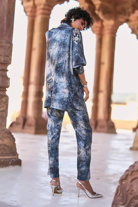 Shop_Dash And Dot_Blue Polyester Embroidery Collared Draped Tie Dye Shirt And Pant Set _at_Aza_Fashions
