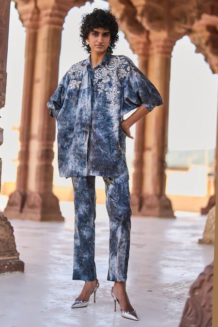 Dash And Dot_Blue Polyester Embroidery Collared Draped Tie Dye Shirt And Pant Set _Online_at_Aza_Fashions