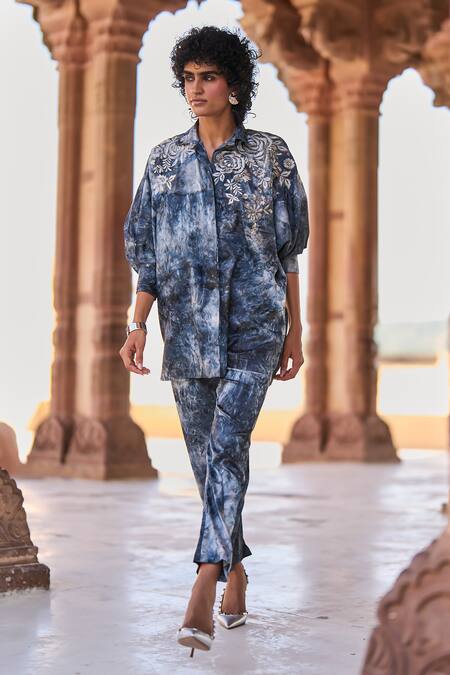 Buy_Dash And Dot_Blue Polyester Embroidery Collared Draped Tie Dye Shirt And Pant Set _Online_at_Aza_Fashions