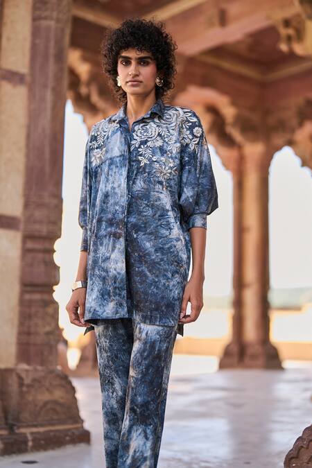 Shop_Dash And Dot_Blue Polyester Embroidery Collared Draped Tie Dye Shirt And Pant Set _Online_at_Aza_Fashions