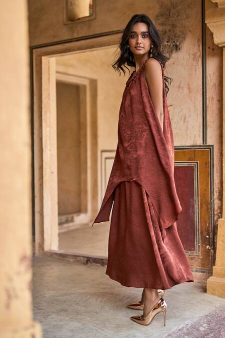 Dash And Dot_Brown Polyester Beads Round Neck Neckline Embroidered Top And Skirt Set _Online_at_Aza_Fashions