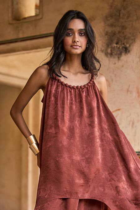 Buy_Dash And Dot_Brown Polyester Beads Round Neck Neckline Embroidered Top And Skirt Set _Online_at_Aza_Fashions