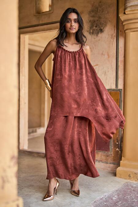 Shop_Dash And Dot_Brown Polyester Beads Round Neck Neckline Embroidered Top And Skirt Set _Online_at_Aza_Fashions