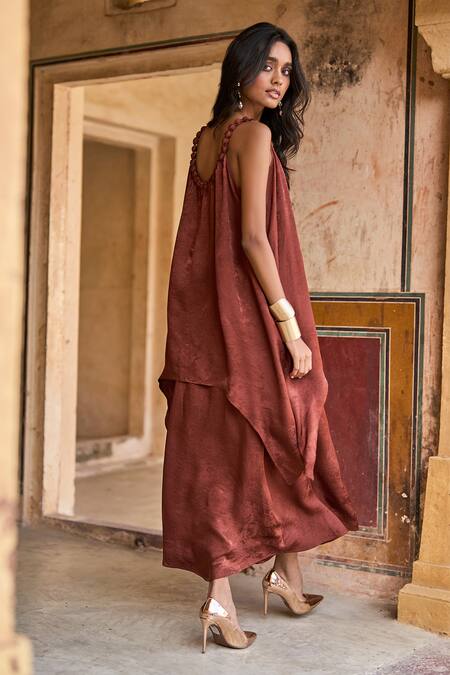 Dash And Dot_Brown Polyester Beads Round Neck Neckline Embroidered Top And Skirt Set _at_Aza_Fashions