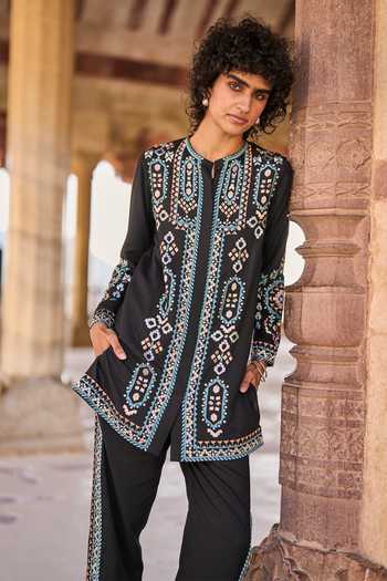 Buy_Dash And Dot_Black Viscose Zari Bandeau Neck Embroidered Shirt Tunic And Pant Set _Online_at_Aza_Fashions