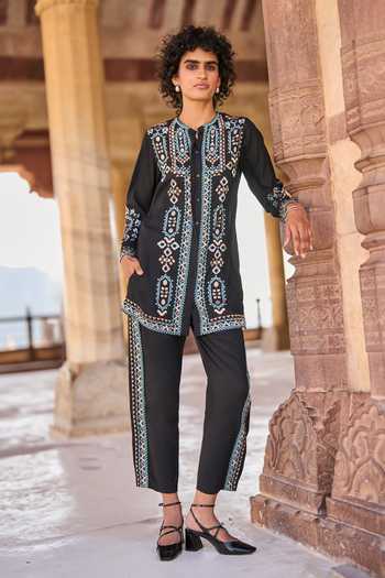 Shop_Dash And Dot_Black Viscose Zari Bandeau Neck Embroidered Shirt Tunic And Pant Set _Online_at_Aza_Fashions