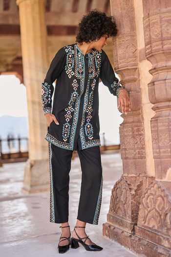 Dash And Dot_Black Viscose Zari Bandeau Neck Embroidered Shirt Tunic And Pant Set _at_Aza_Fashions
